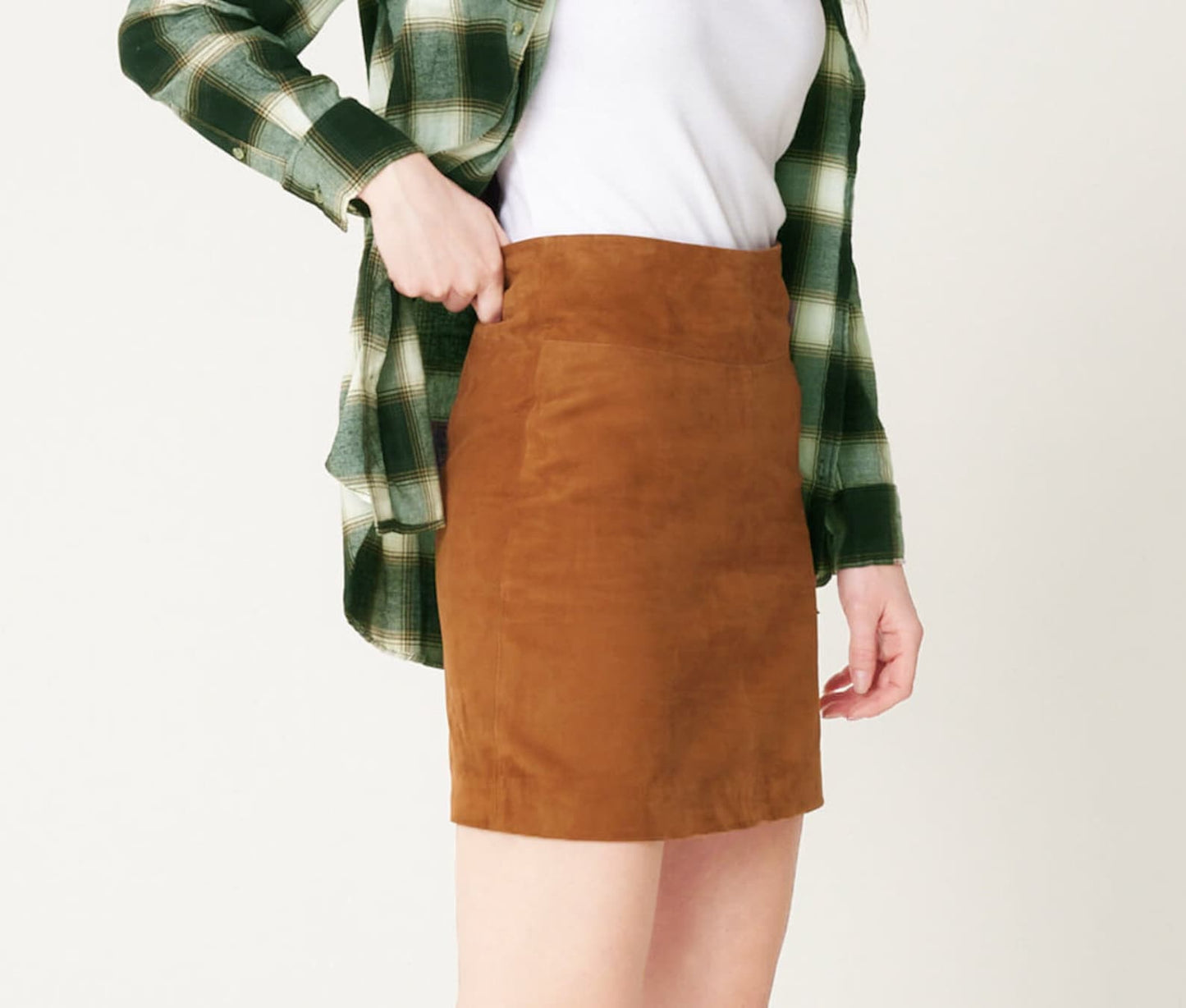 Women Tan Real Suede Leather Mini Skirt