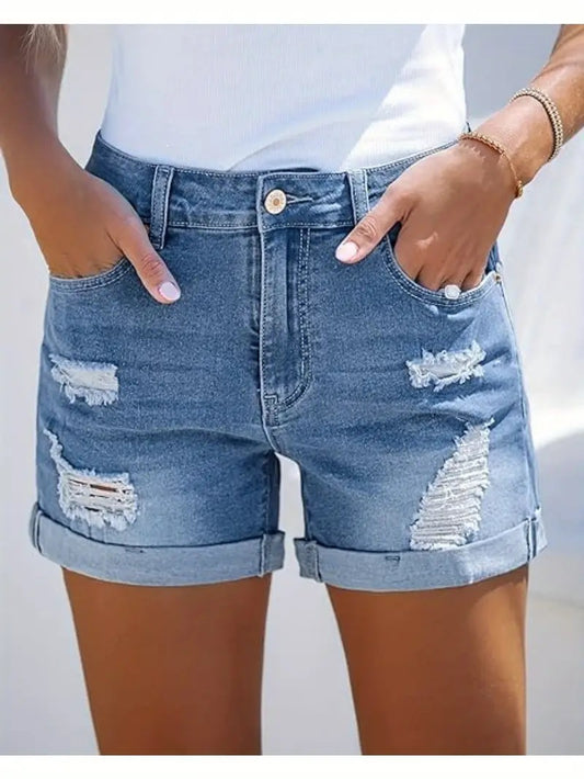 women high waist ripped denim shorts