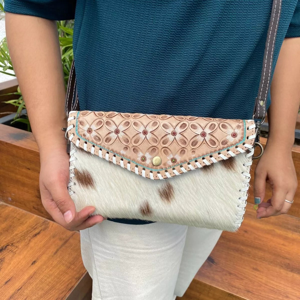 Genuine Cowhide Fur Tooled Leather Crossbody Clutch