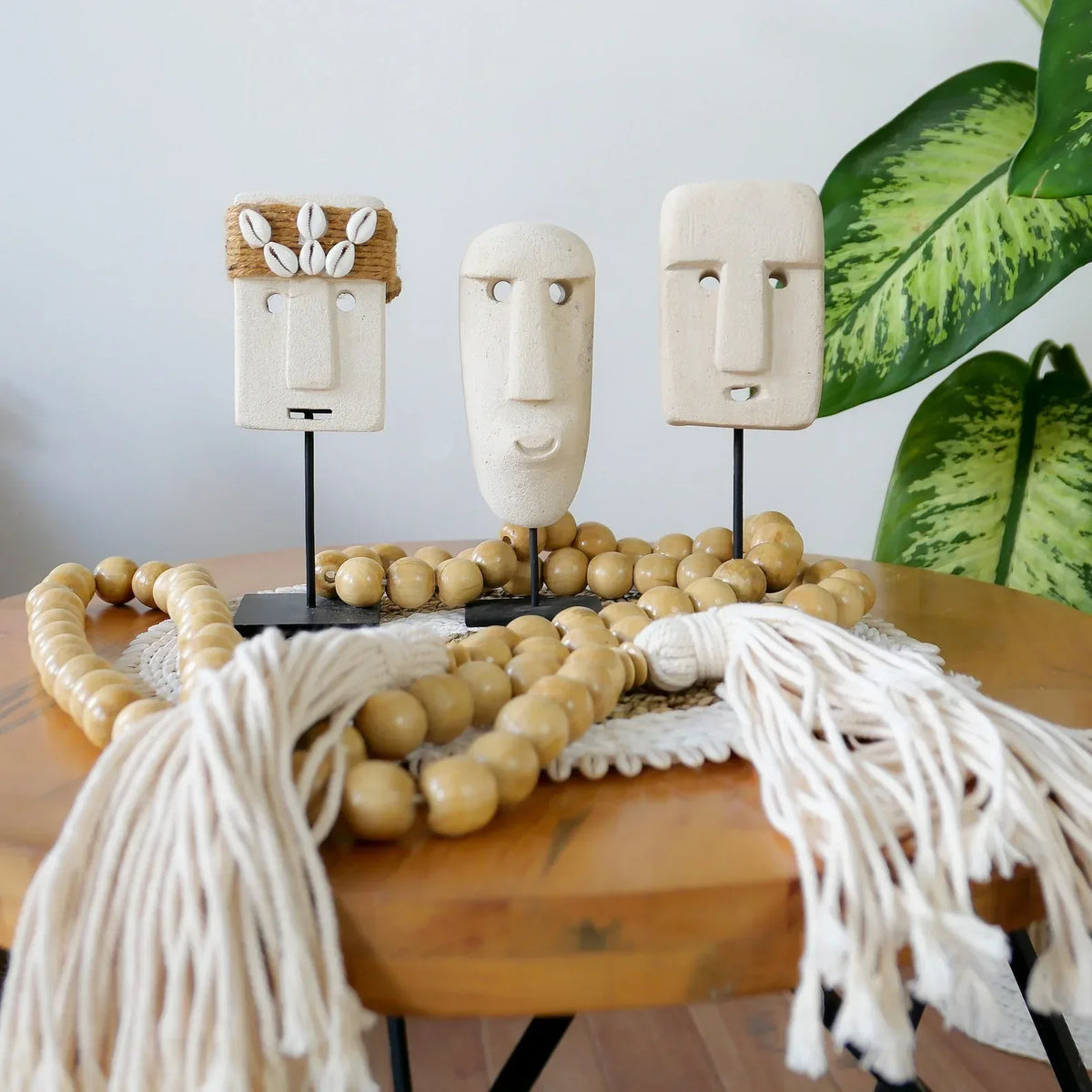 Stone Face Statues Set of 3 for Boho Home Decor