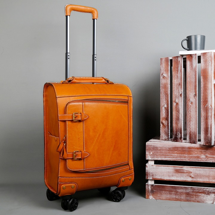 Leather Trolley Suitcase Large Capacity 20 Inch Rolling Luggage