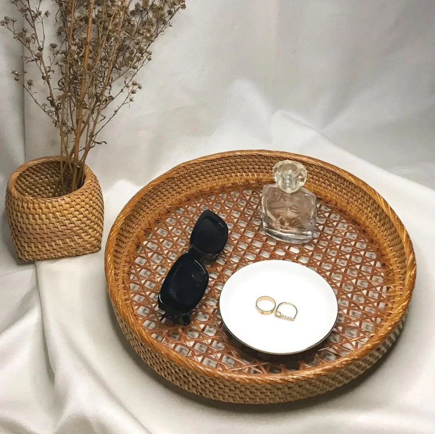 Brown Rattan Serving Tea Tray With Handles