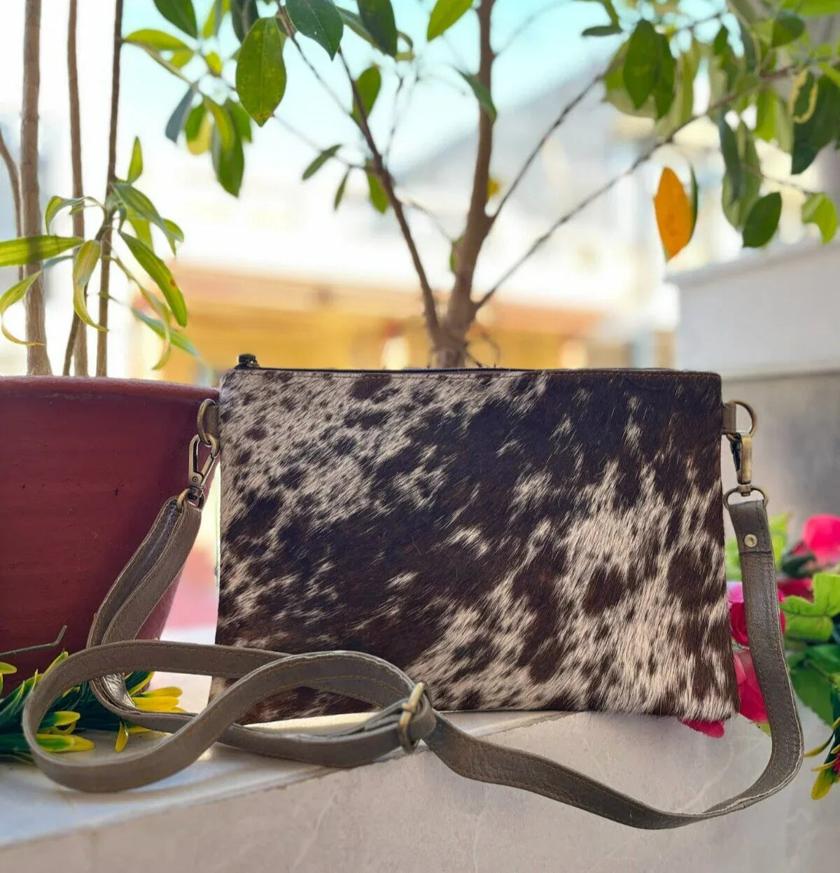 Speckled Brown White Cowhide Crossbody Bag