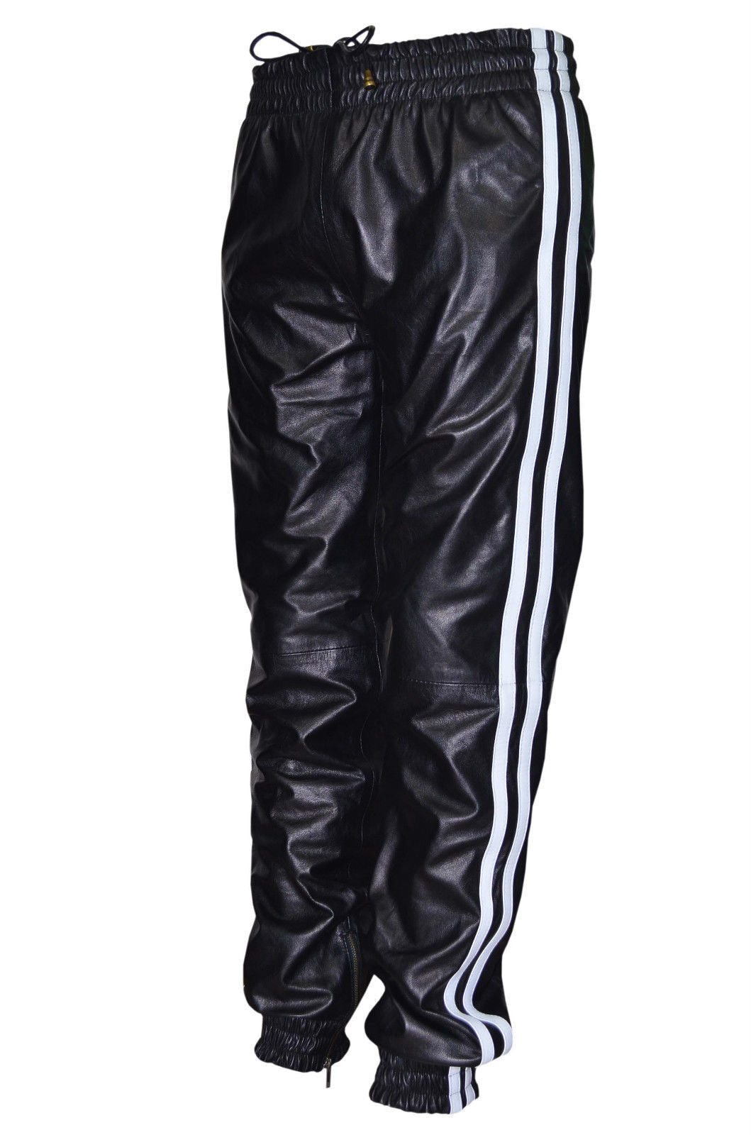 Men’s Leather Jogger Pants with Stripes and Zip Ankle
