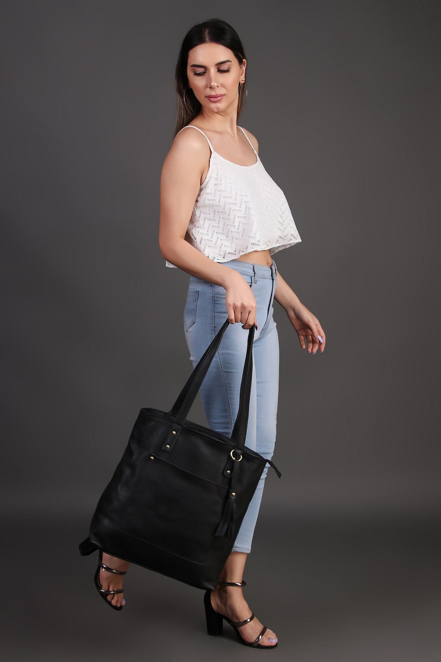 ladies black leather tote bags