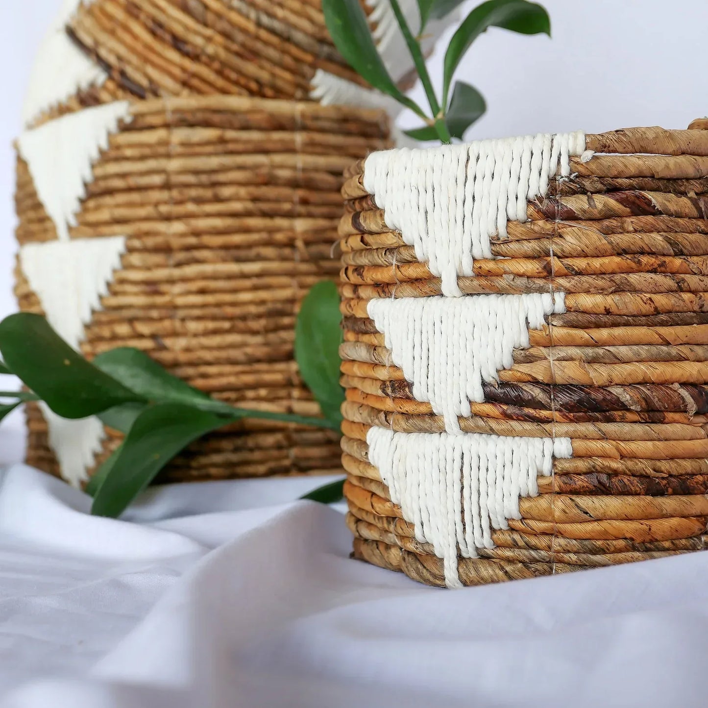banana bark and white organic cotton macrame indoor planter