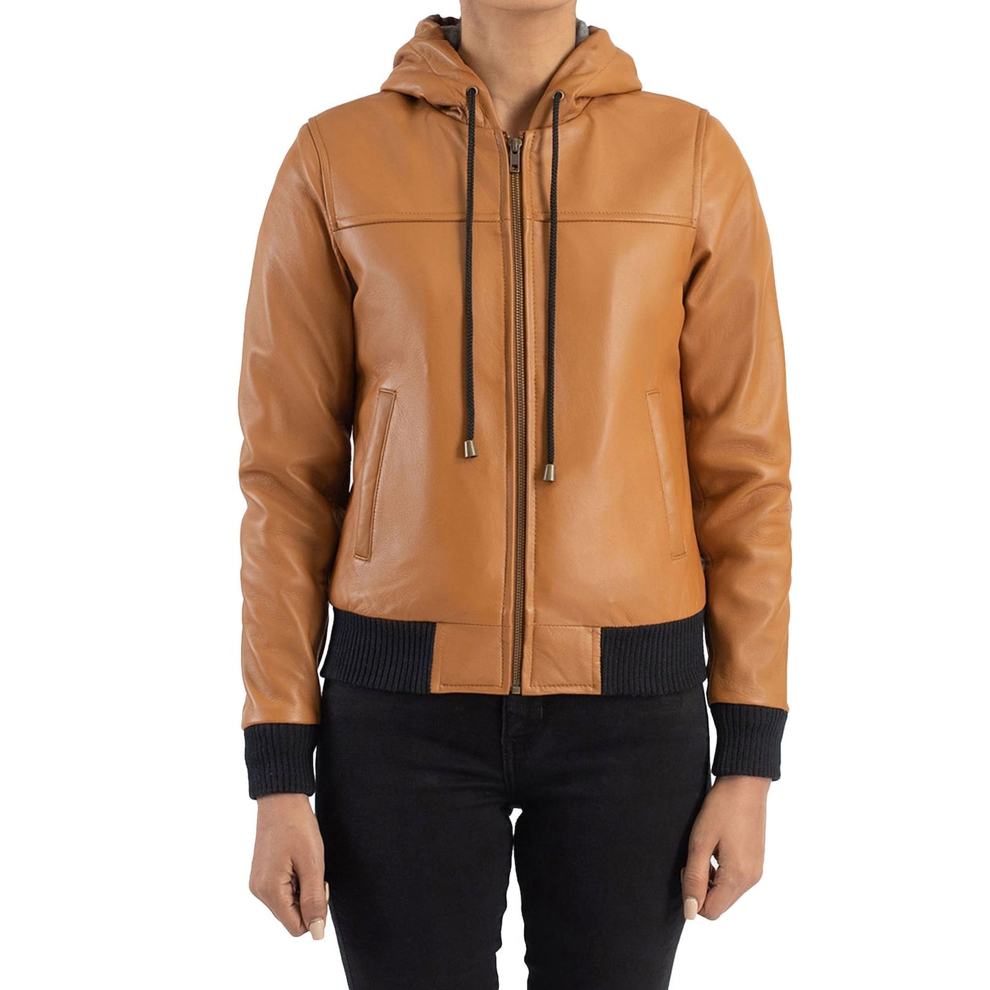 Tan Leather Hooded Jacket for Women Bomber Style