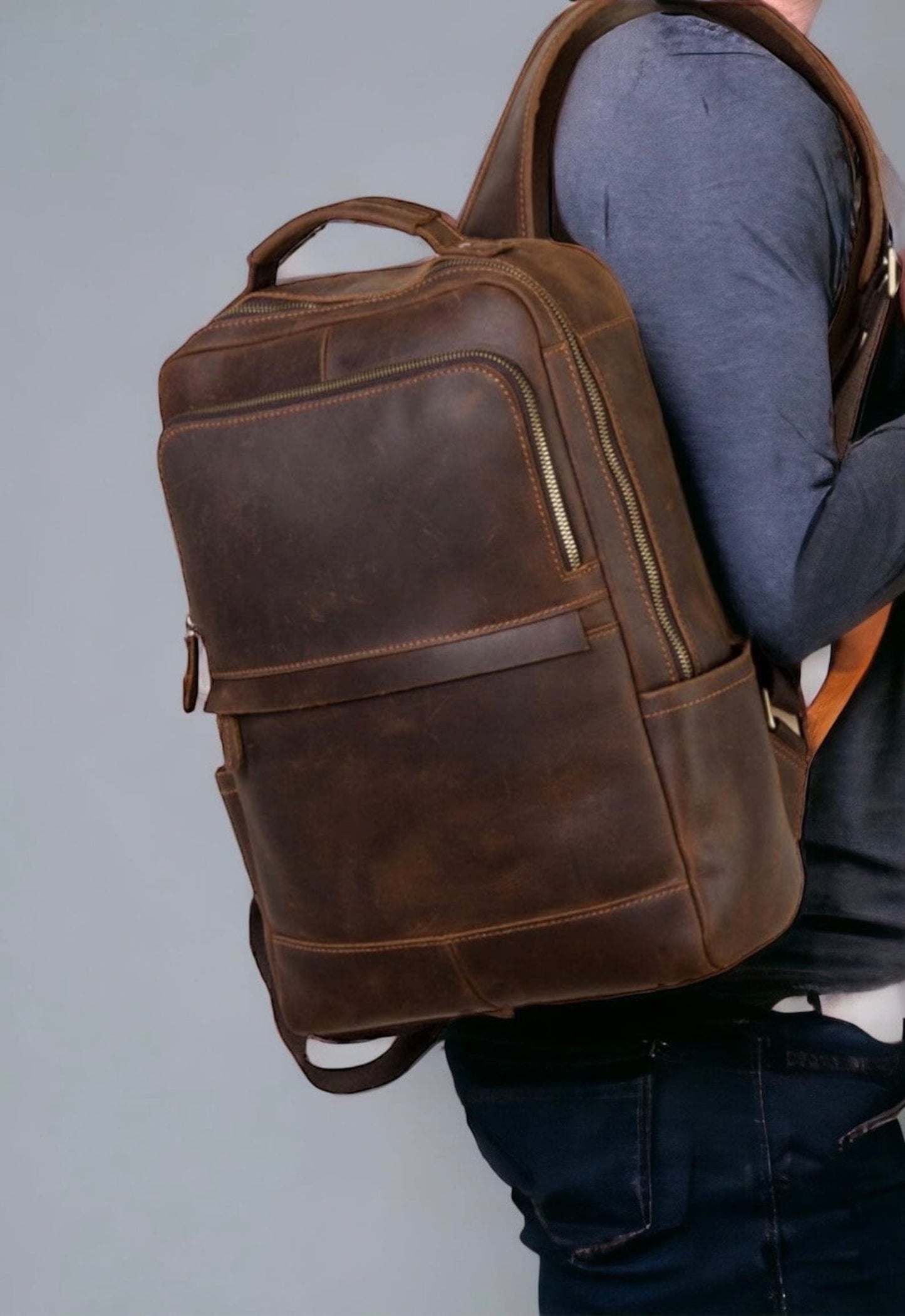 Vintage Brown Leather Backpack for Men
