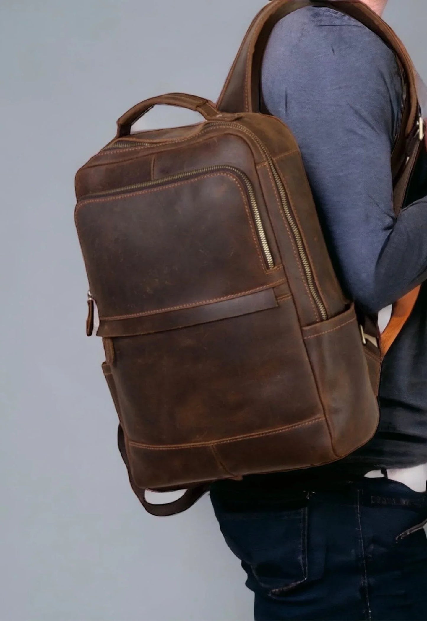Vintage Brown Leather Backpack for Men