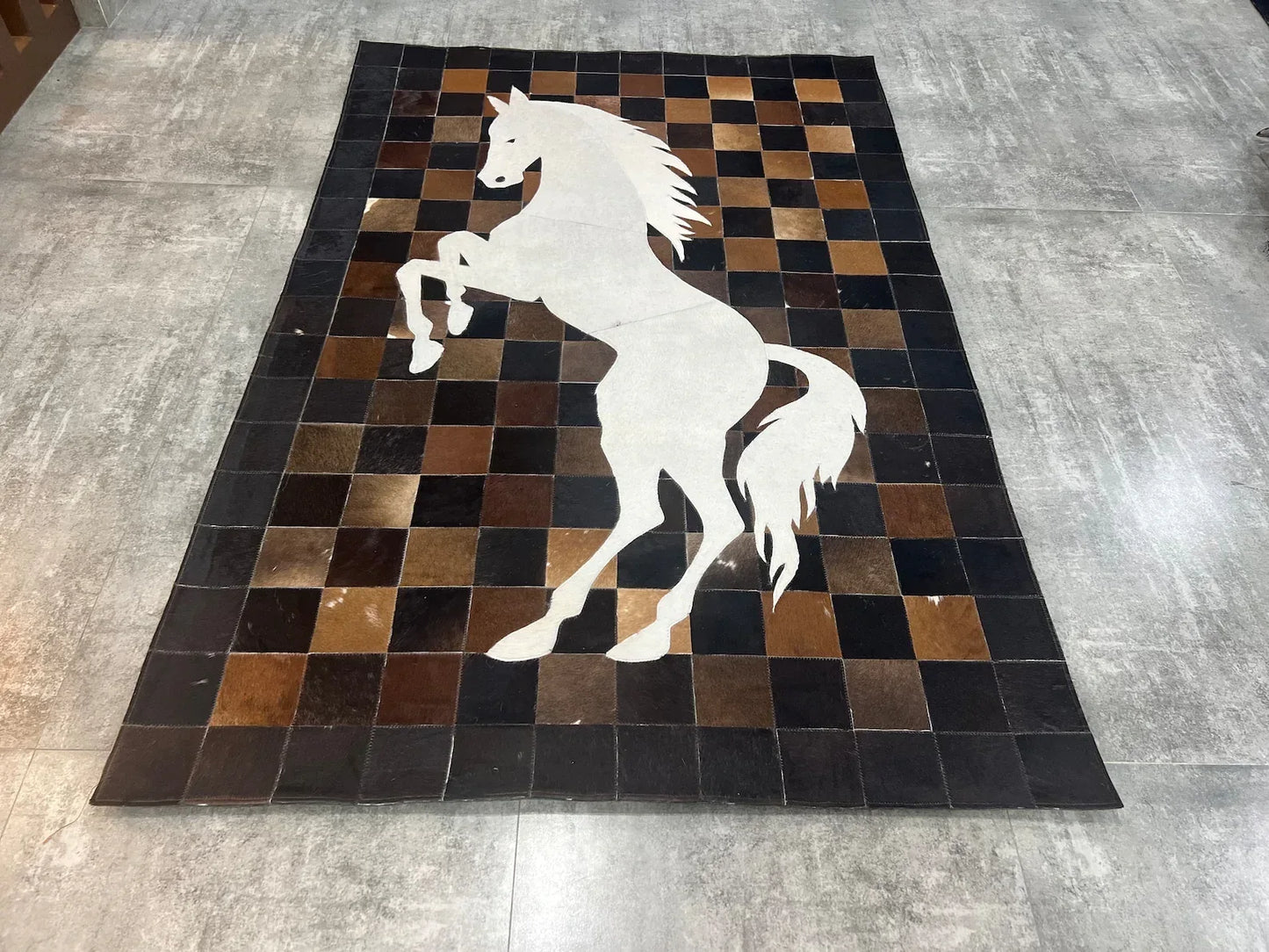 Horse Design Cowhide Patchwork Rug