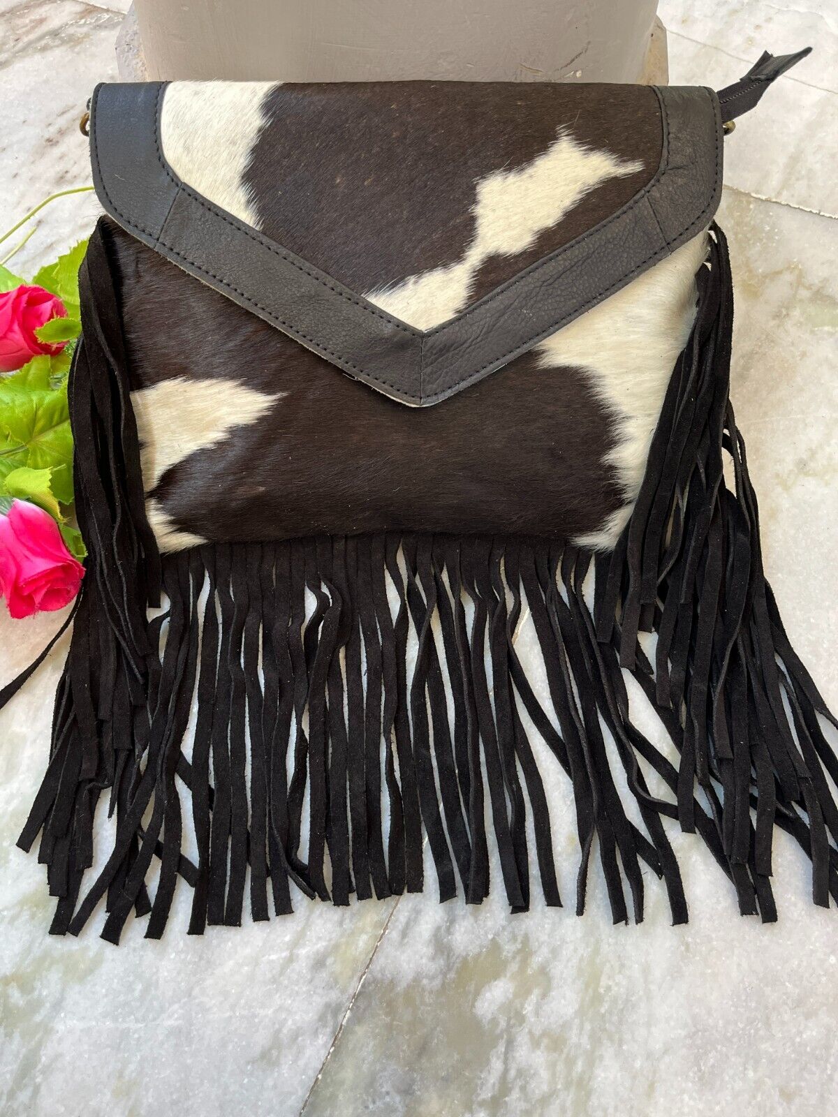 Black White Cowhide Crossbody Bag With Fringes