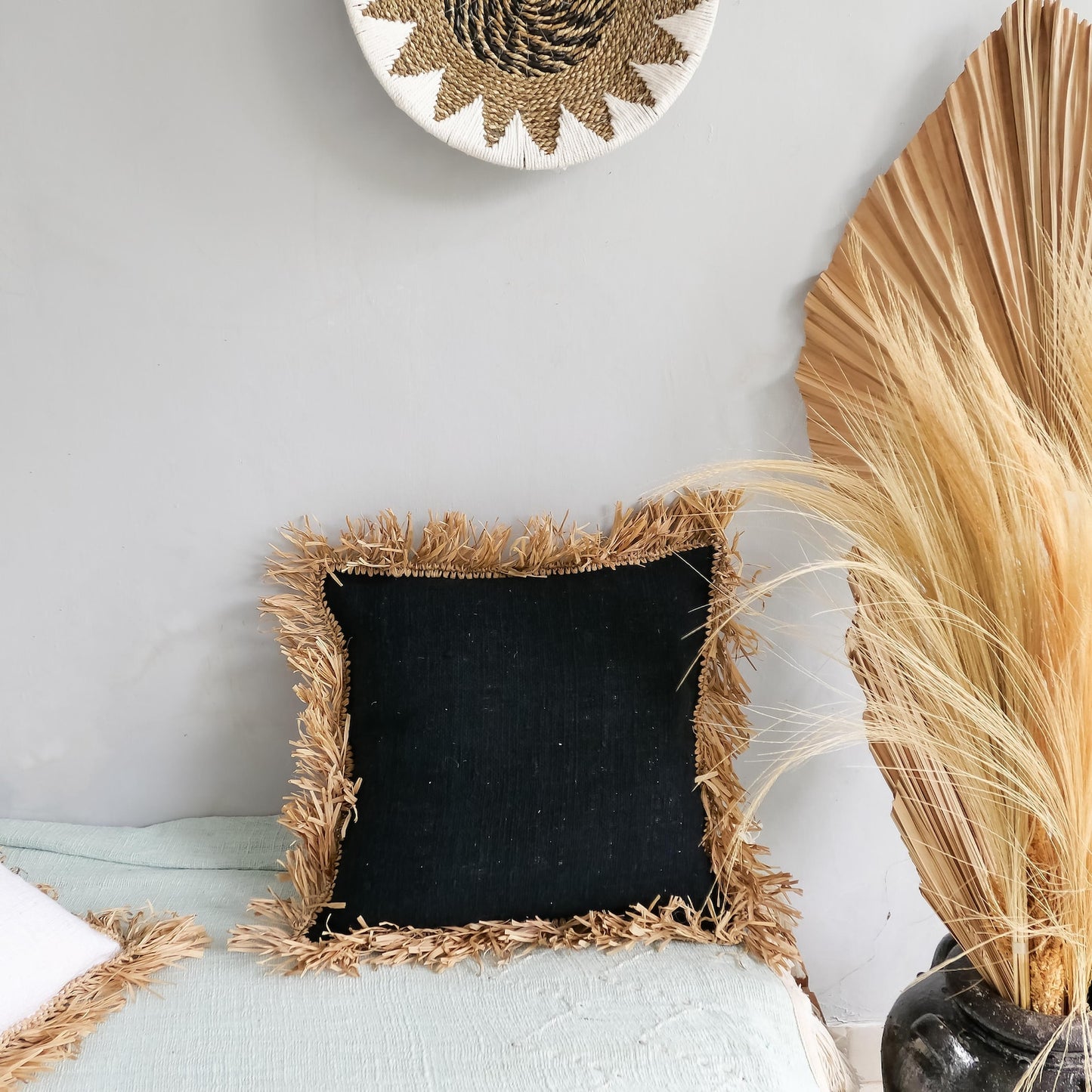 Black organic cotton fringed pillow cover