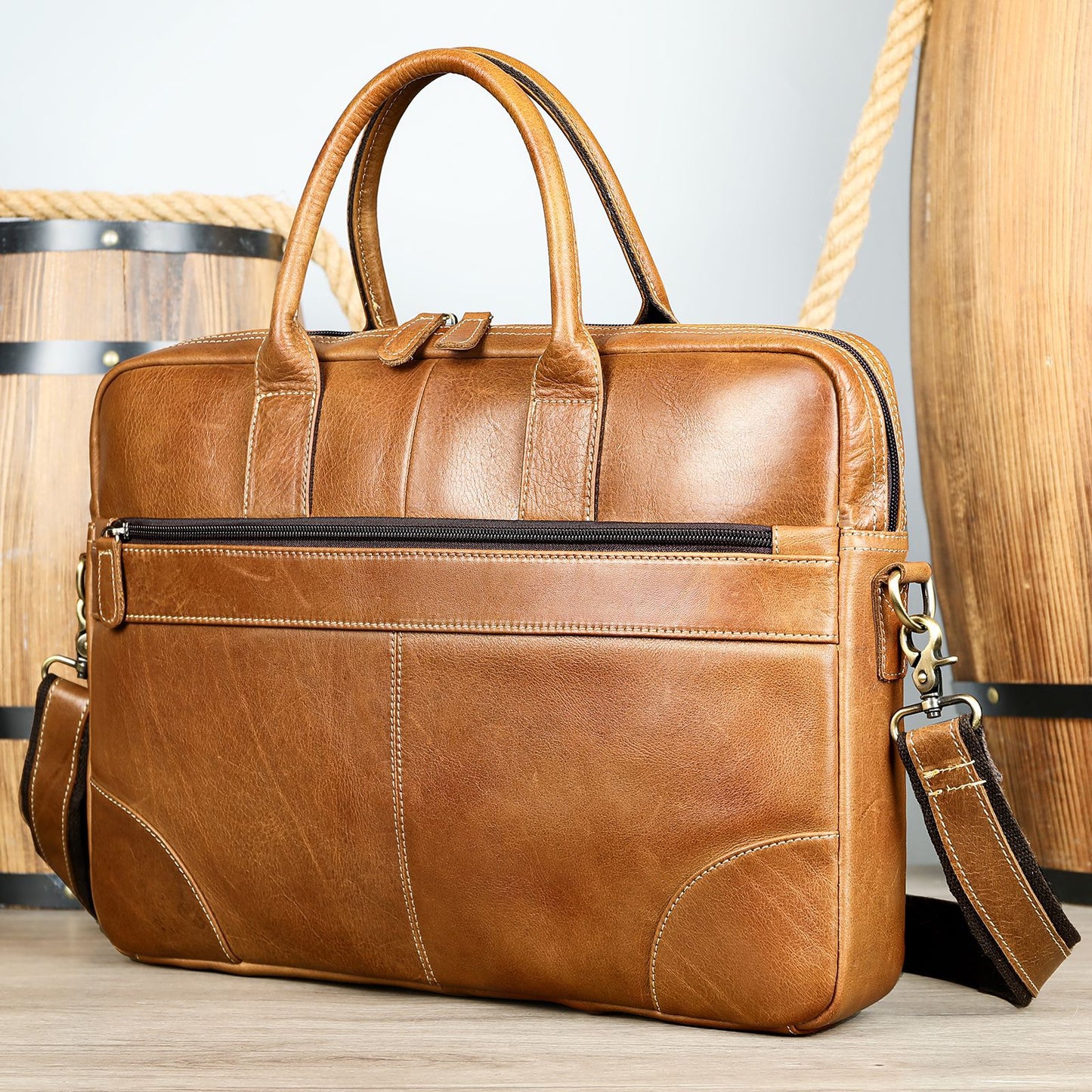 Genuine Leather Briefcase Bag with Trolley Sleeve