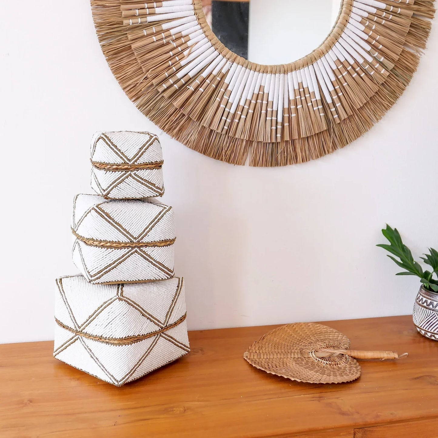 Hand woven bamboo beaded box set