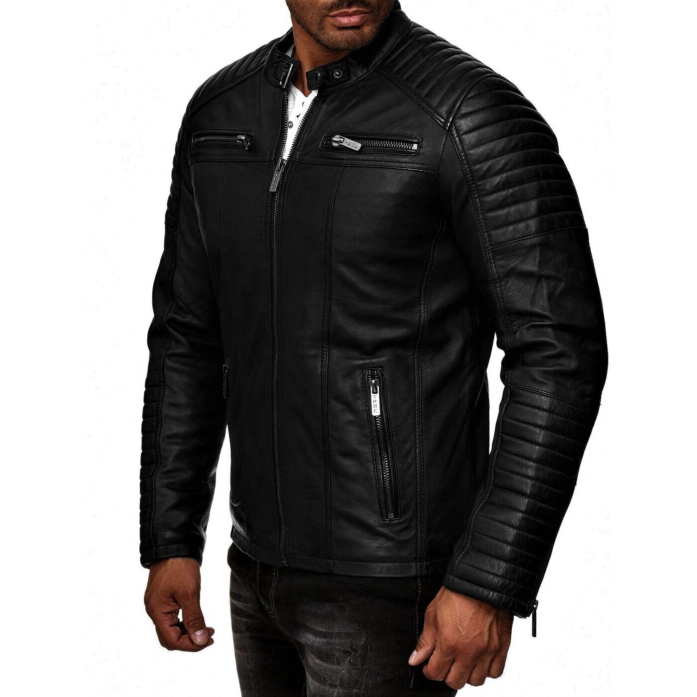 Modern zwart leren jas voor mannen, geschikt voor dagelijks en motorgebruik.
