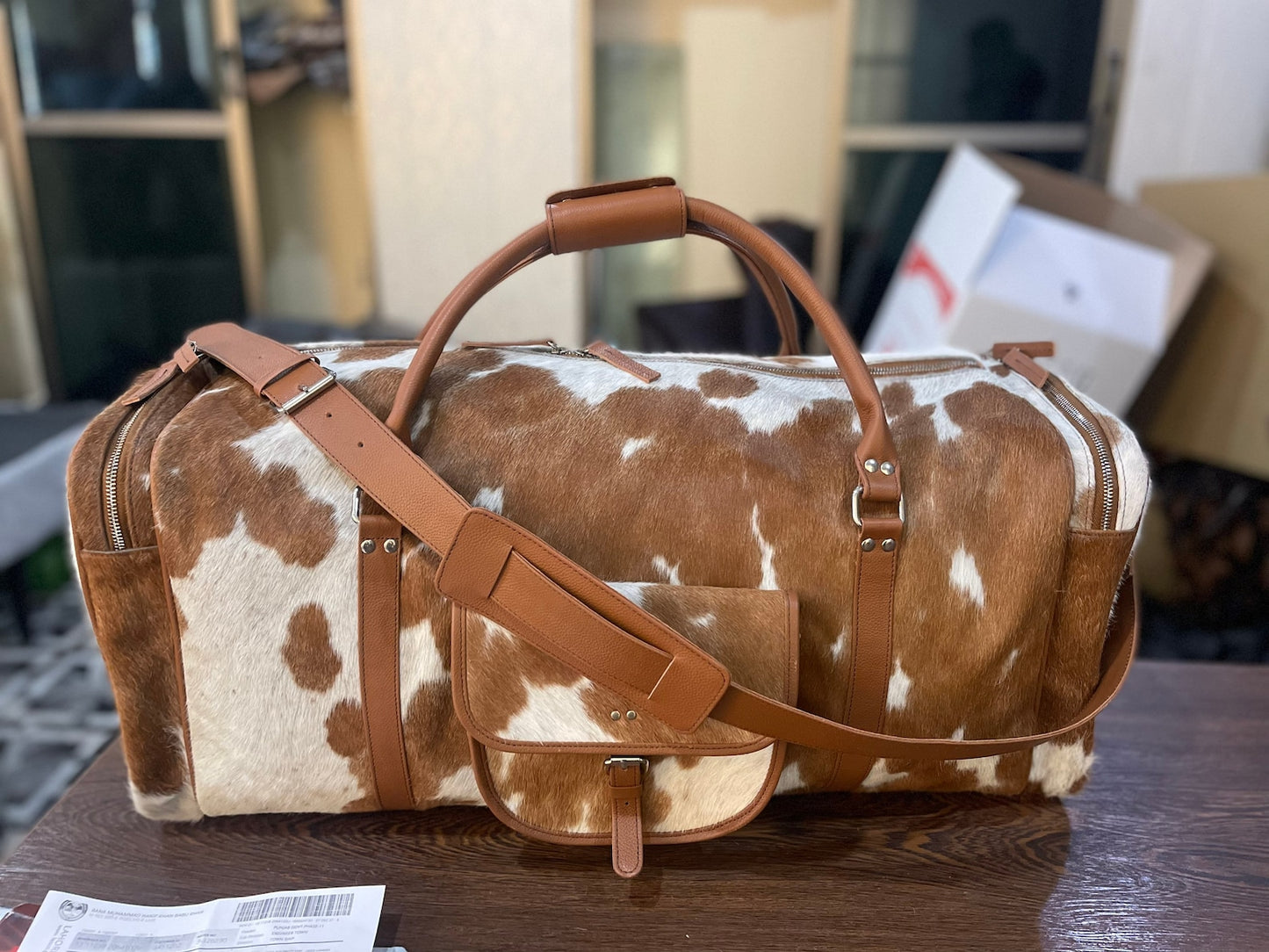 Brown White Cowhide Luggage Bag Western Carry On.