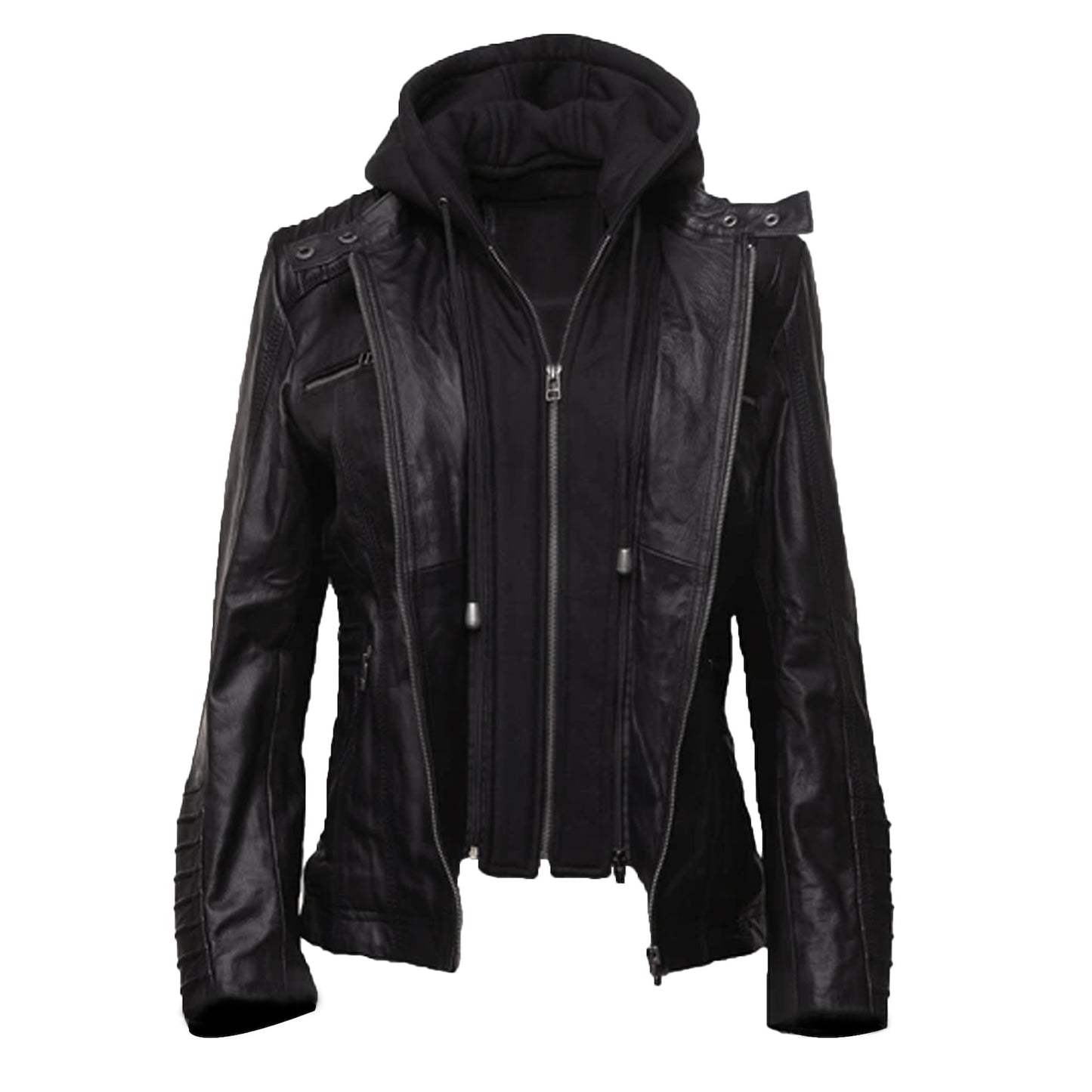 Women Leather Jacket with Detachable Hood