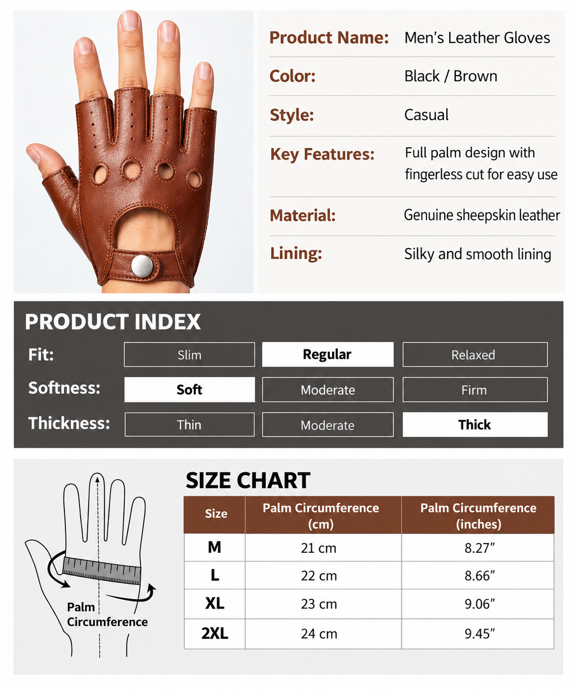 Men’s Leather Fingerless Gloves for Driving and Motorcycle Riding
