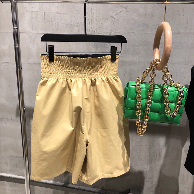High Waisted Women Leather Shorts Mid Length Wide Leg