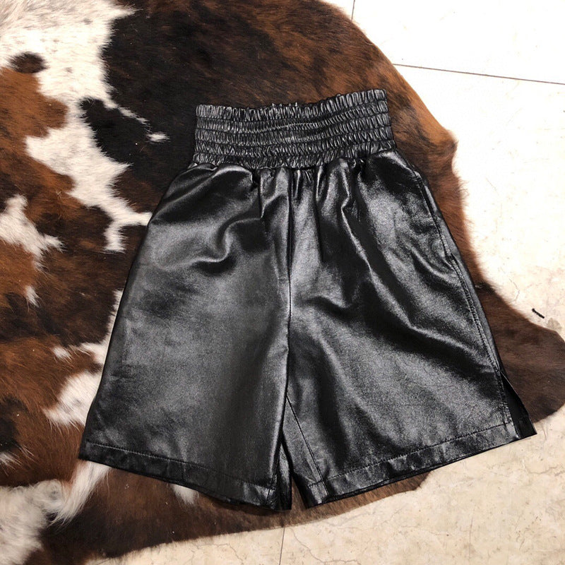 High Waisted Women Leather Shorts Mid Length Wide Leg