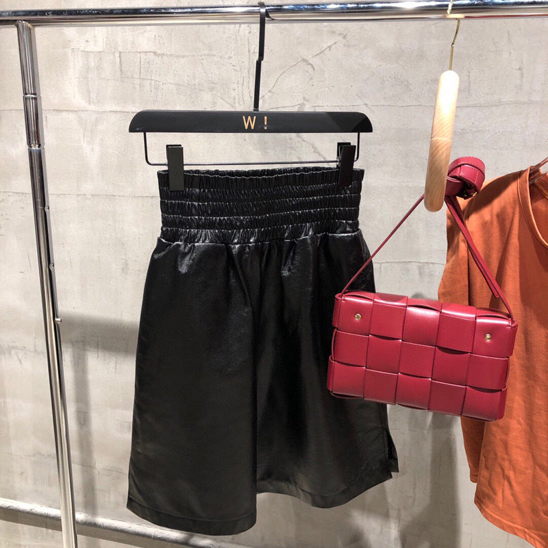 High Waisted Women Leather Shorts Mid Length Wide Leg
