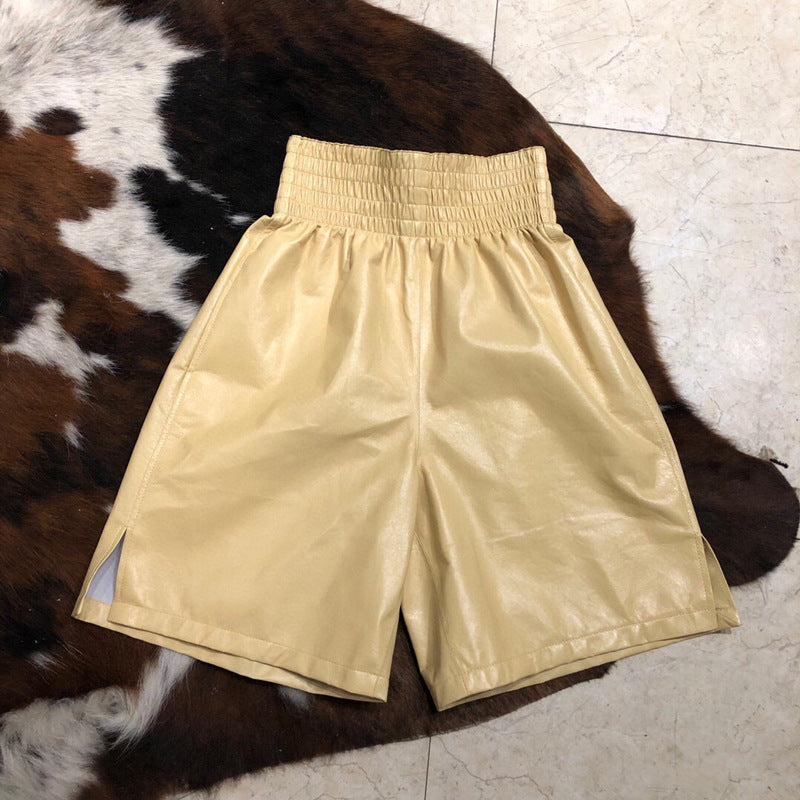 High Waisted Women Leather Shorts Mid Length Wide Leg