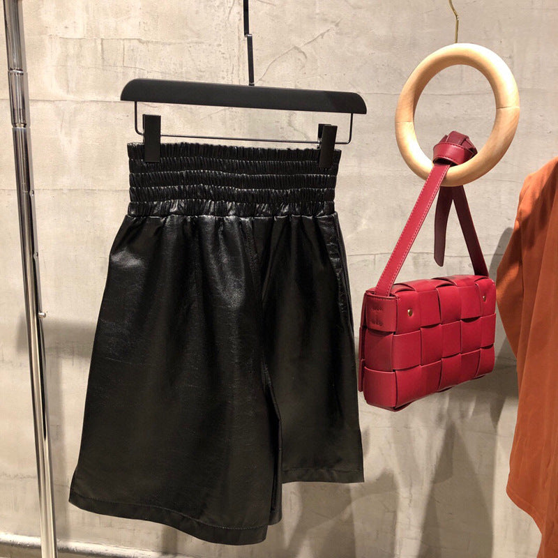 High Waisted Women Leather Shorts Mid Length Wide Leg