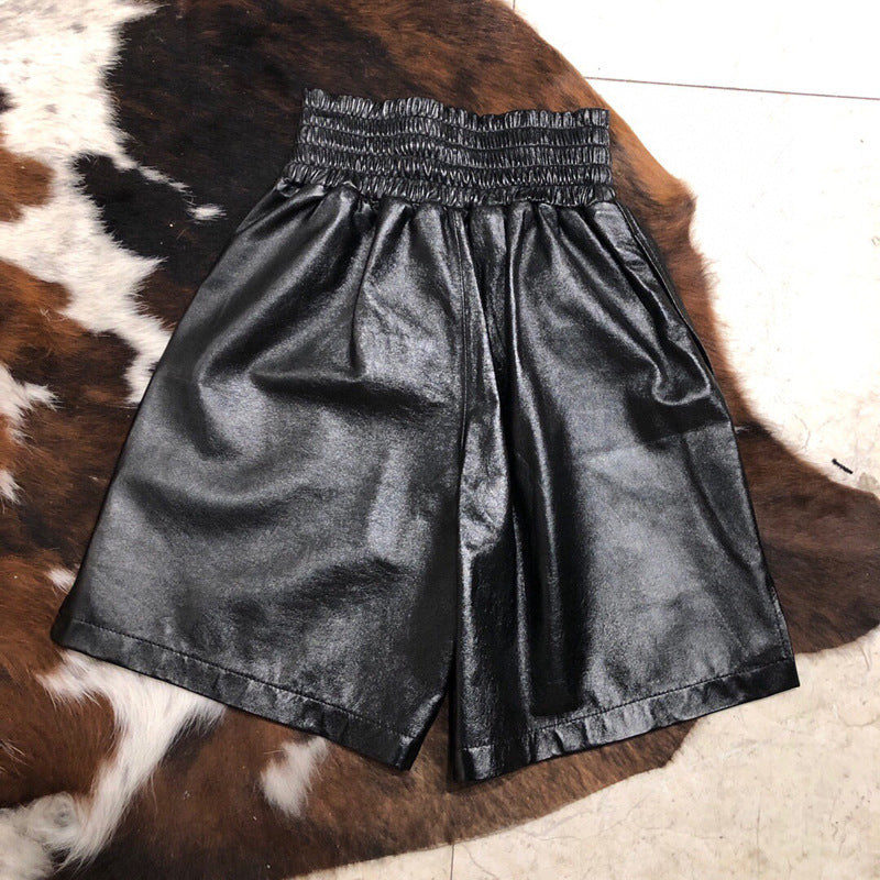 High Waisted Women Leather Shorts Mid Length Wide Leg