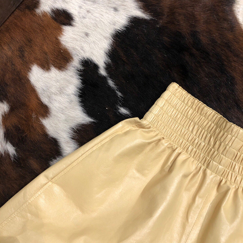 High Waisted Women Leather Shorts Mid Length Wide Leg