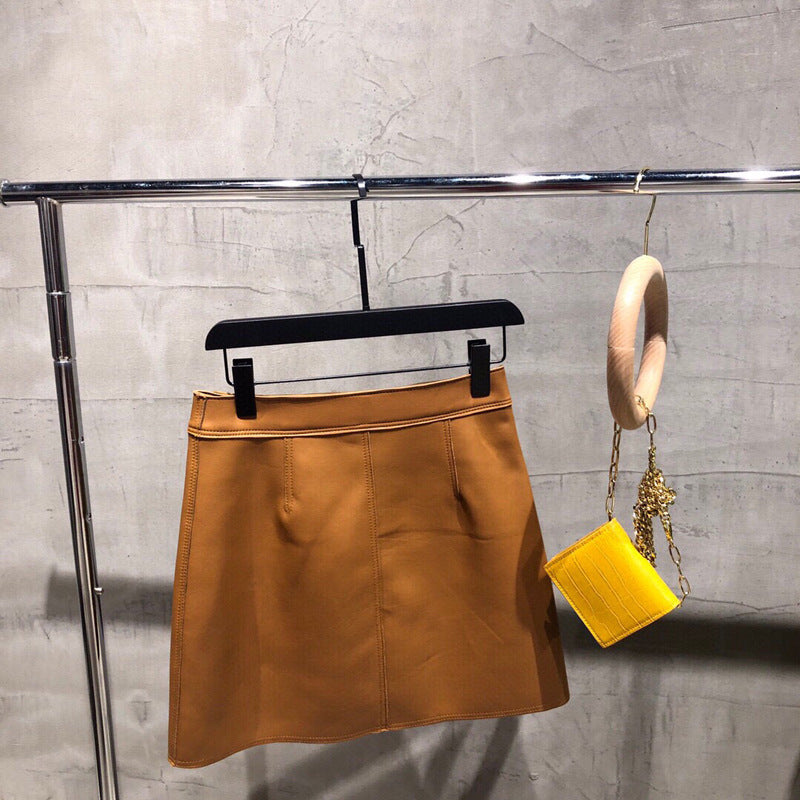 Women High Waisted Leather Mini Skirt Wrap with Gold Buttons