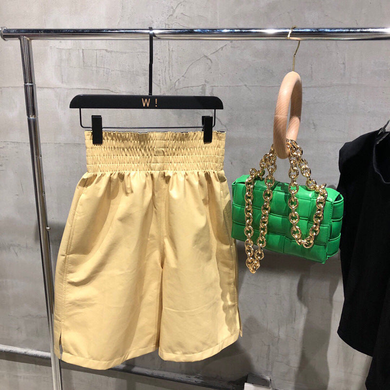 High Waisted Women Leather Shorts Mid Length Wide Leg