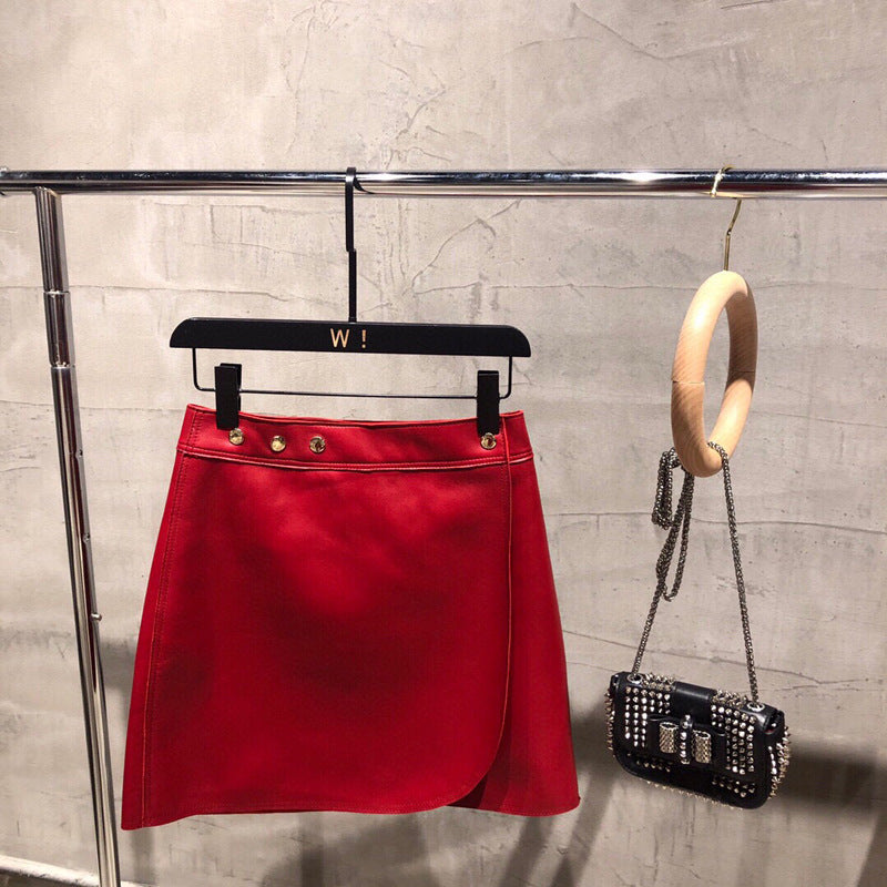 Women High Waisted Leather Mini Skirt Wrap with Gold Buttons