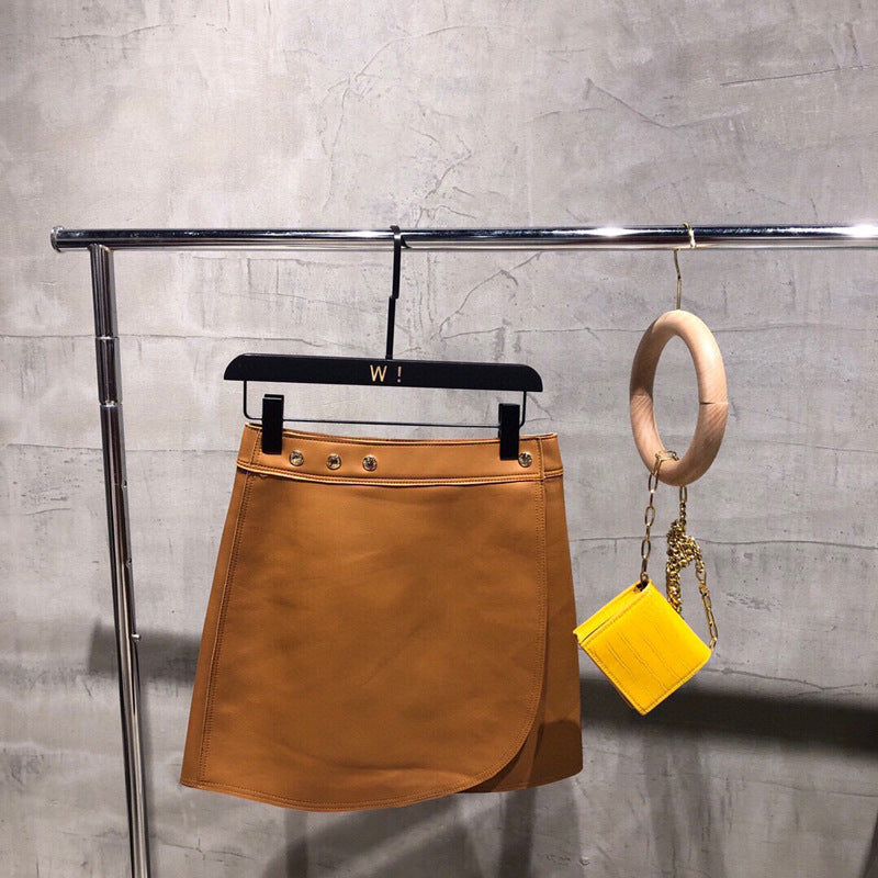 Women High Waisted Leather Mini Skirt Wrap with Gold Buttons