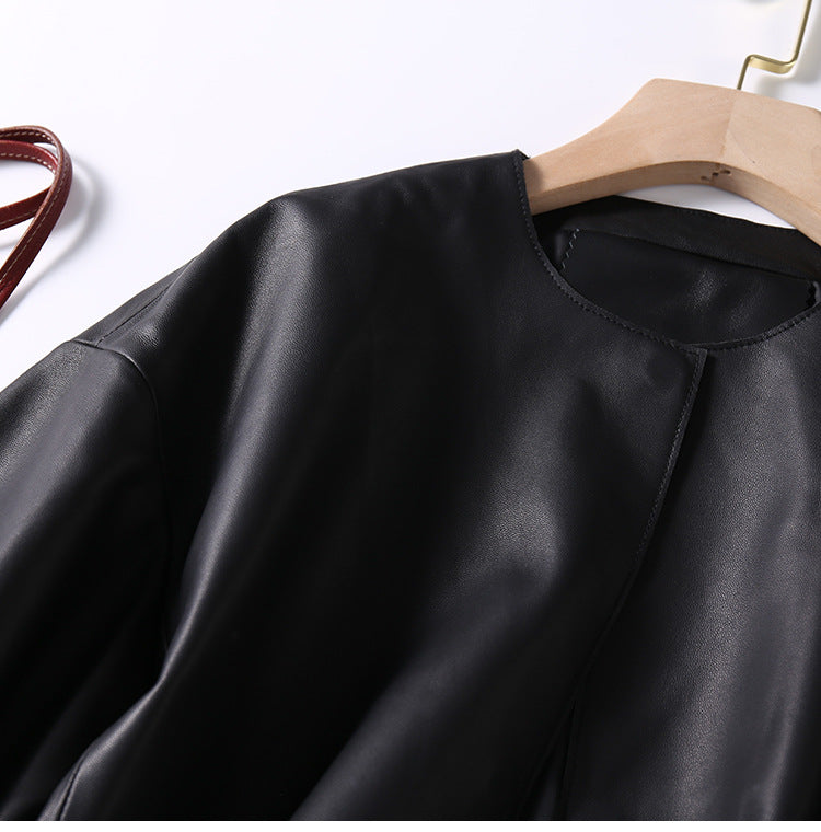 Round Neck Cropped Moto Style Women Leather Jacket