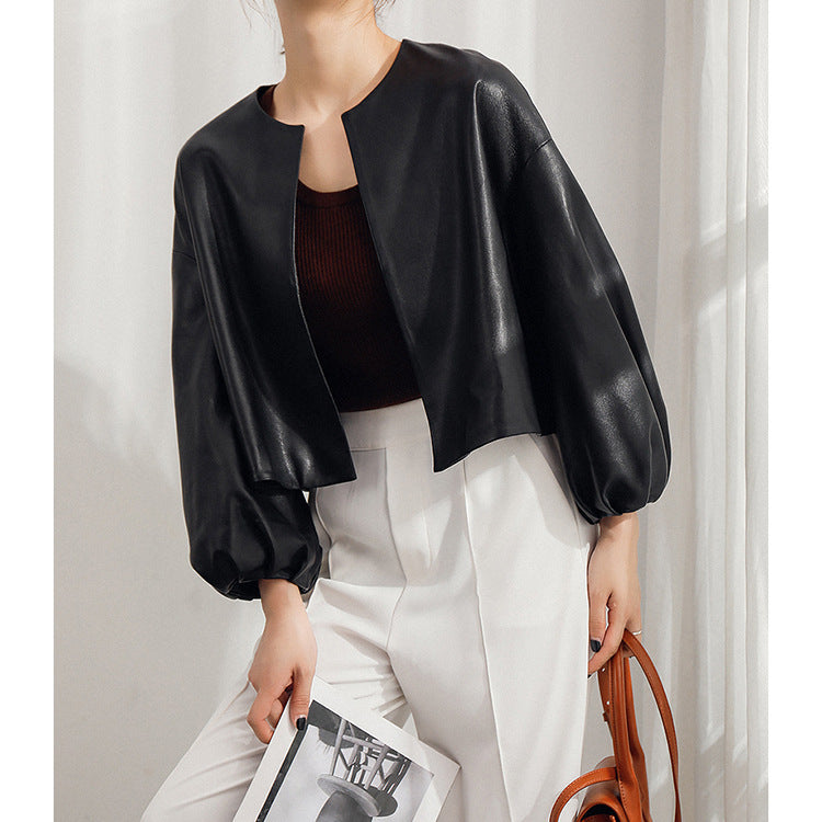 Round Neck Cropped Moto Style Women Leather Jacket