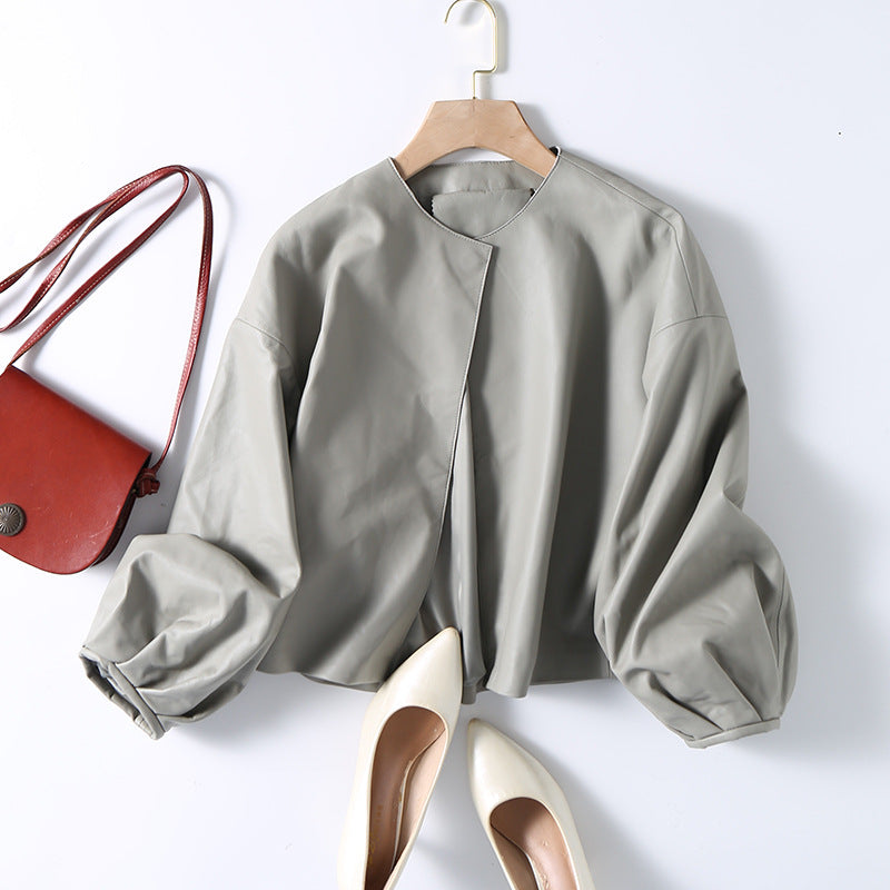 Round Neck Cropped Moto Style Women Leather Jacket