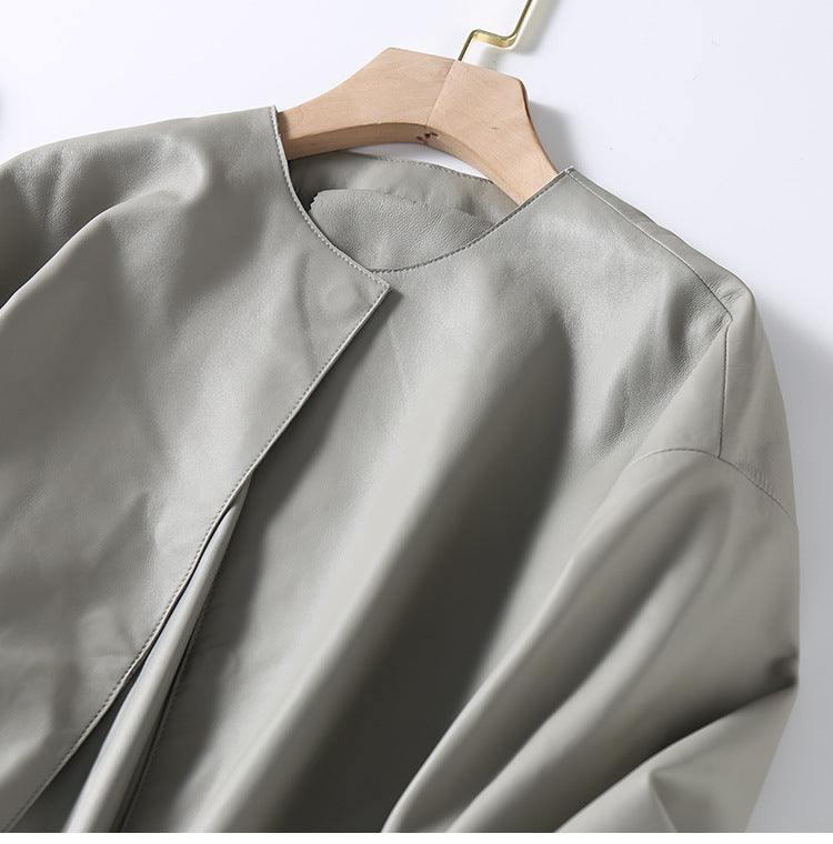 Round Neck Cropped Moto Style Women Leather Jacket