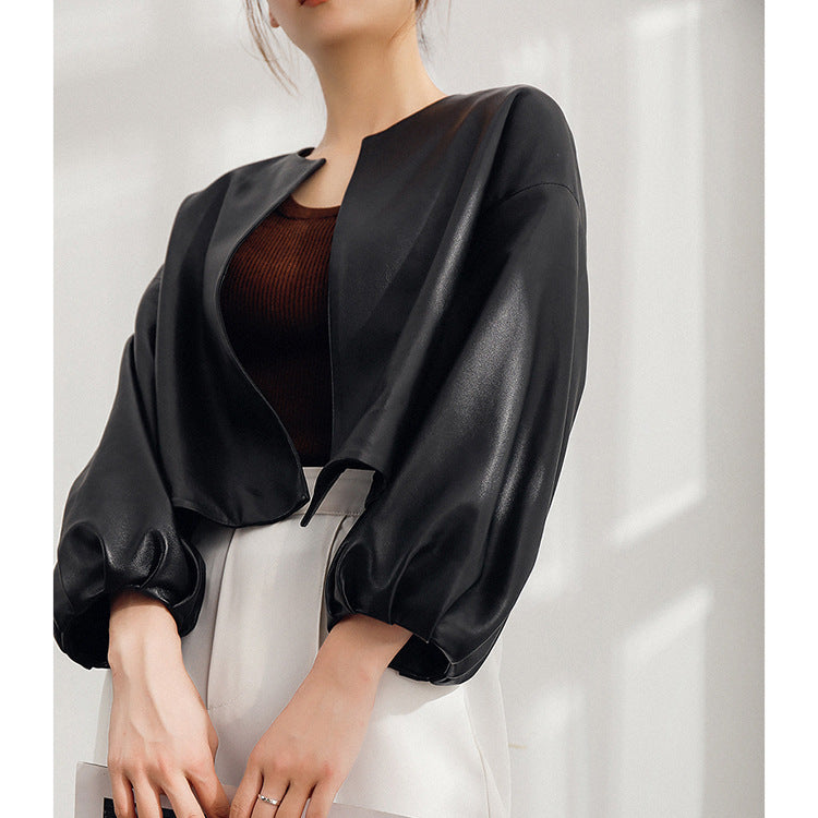 Round Neck Cropped Moto Style Women Leather Jacket