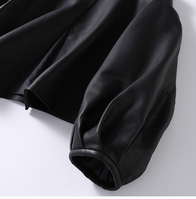 Round Neck Cropped Moto Style Women Leather Jacket