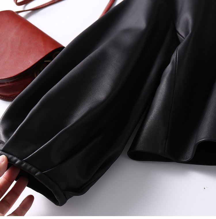 Round Neck Cropped Moto Style Women Leather Jacket
