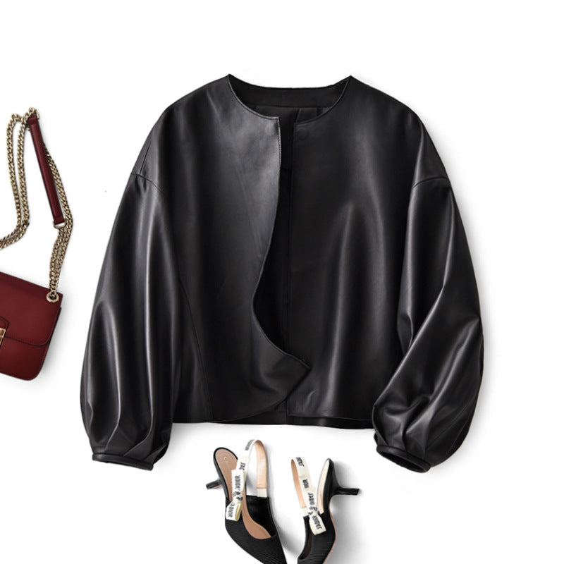 Round Neck Cropped Moto Style Women Leather Jacket