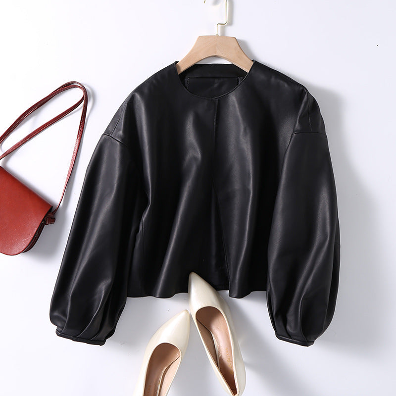 Round Neck Cropped Moto Style Women Leather Jacket