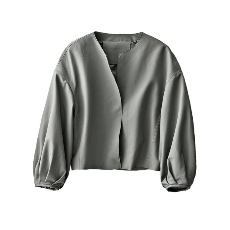 Round Neck Cropped Moto Style Women Leather Jacket