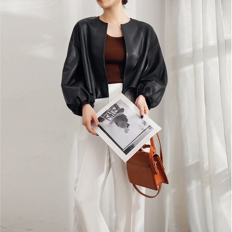 Round Neck Cropped Moto Style Women Leather Jacket