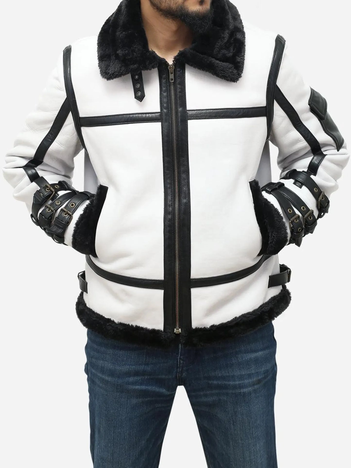 Men Aviator Shearling Leather Jacket Black White