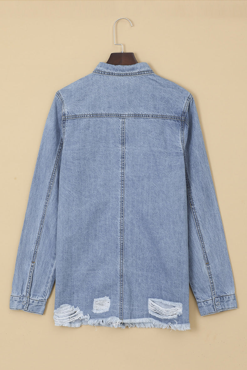 Oversized Distressed Denim Jacket Mid-Length