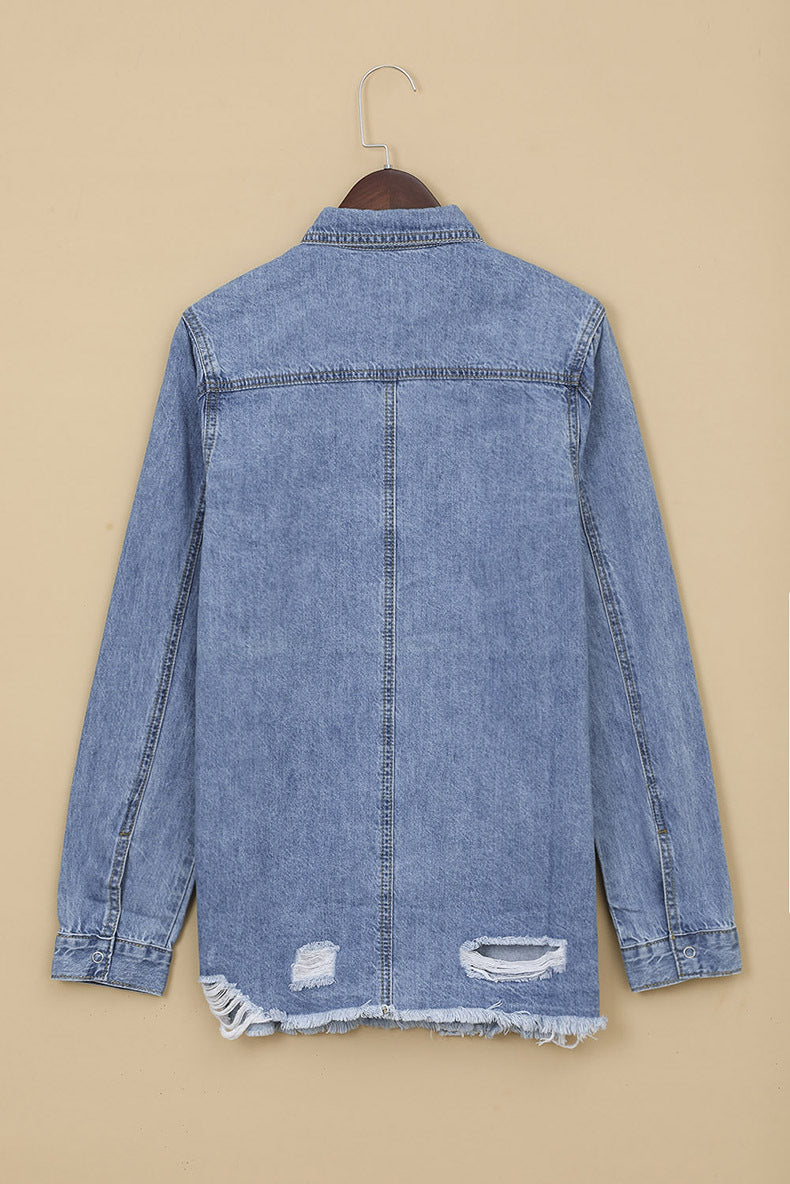 Oversized Distressed Denim Jacket Mid-Length