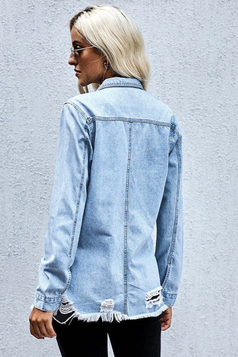 Oversized Distressed Denim Jacket Mid-Length