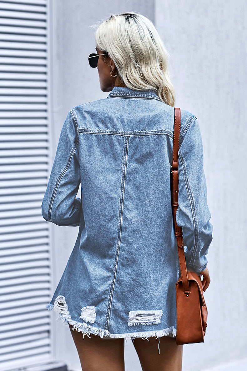 Oversized Distressed Denim Jacket Mid-Length