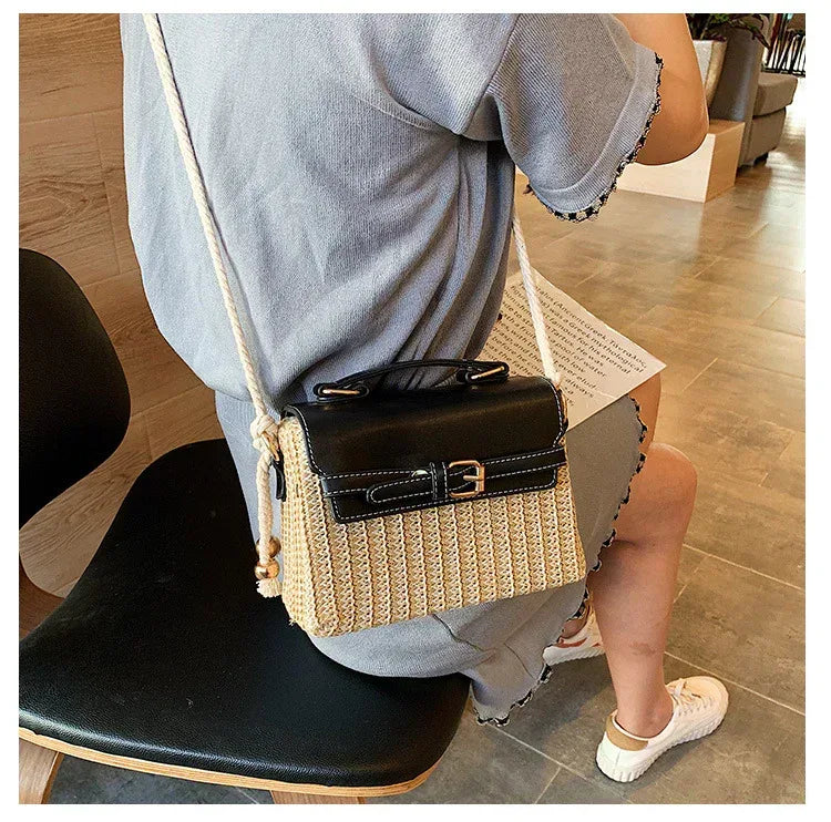 Small Summer Straw Handbag with Leather Flap & Rope Shoulder Strap